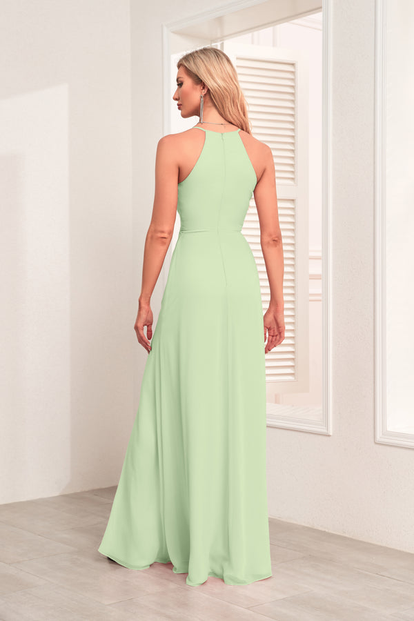 V Neck Spaghetti Straps Chiffon Bridesmaid Dress With Pleated Split