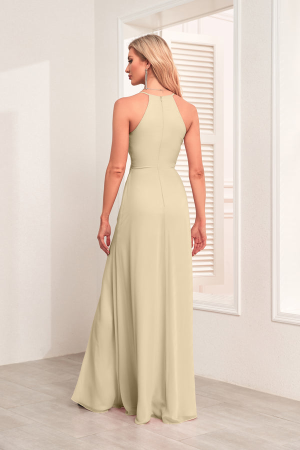 V Neck Spaghetti Straps Chiffon Bridesmaid Dress With Pleated Split