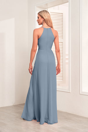 V Neck Spaghetti Straps Chiffon Bridesmaid Dress With Pleated Split