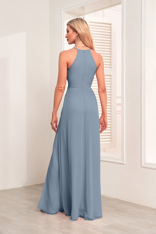 V Neck Spaghetti Straps Chiffon Bridesmaid Dress With Pleated Split