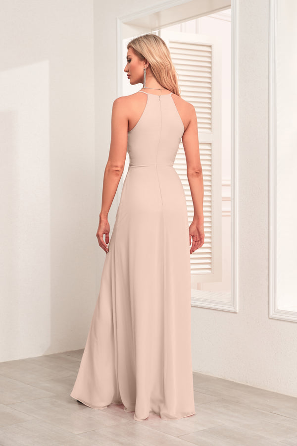 V Neck Spaghetti Straps Chiffon Bridesmaid Dress With Pleated Split