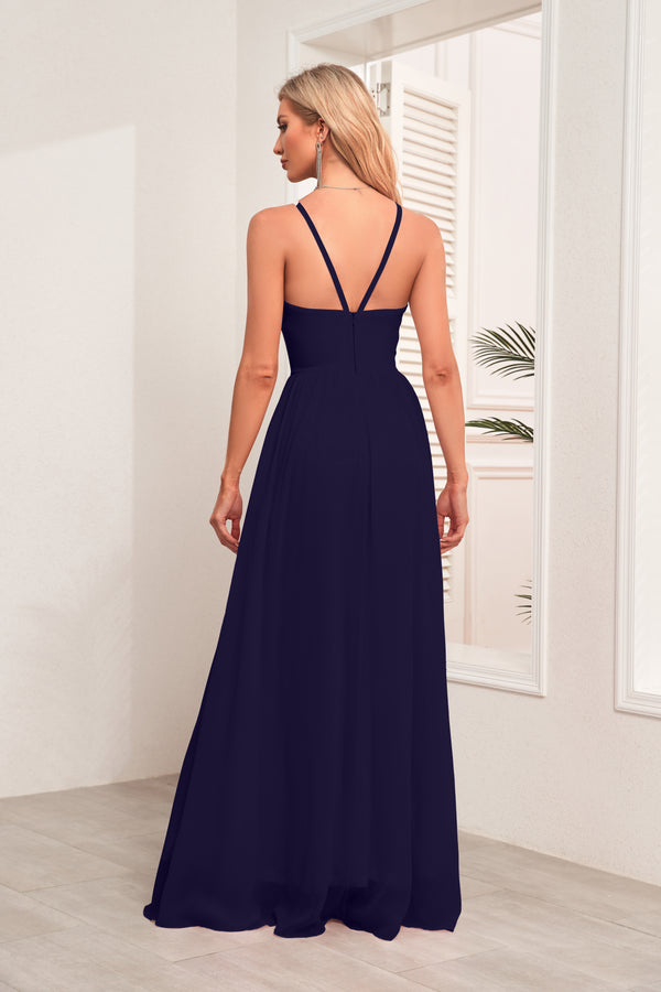 A-line Halter Floor-Length Chiffon Bridesmaid Dress