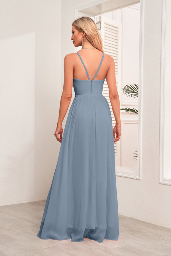 A-line Halter Floor-Length Chiffon Bridesmaid Dress