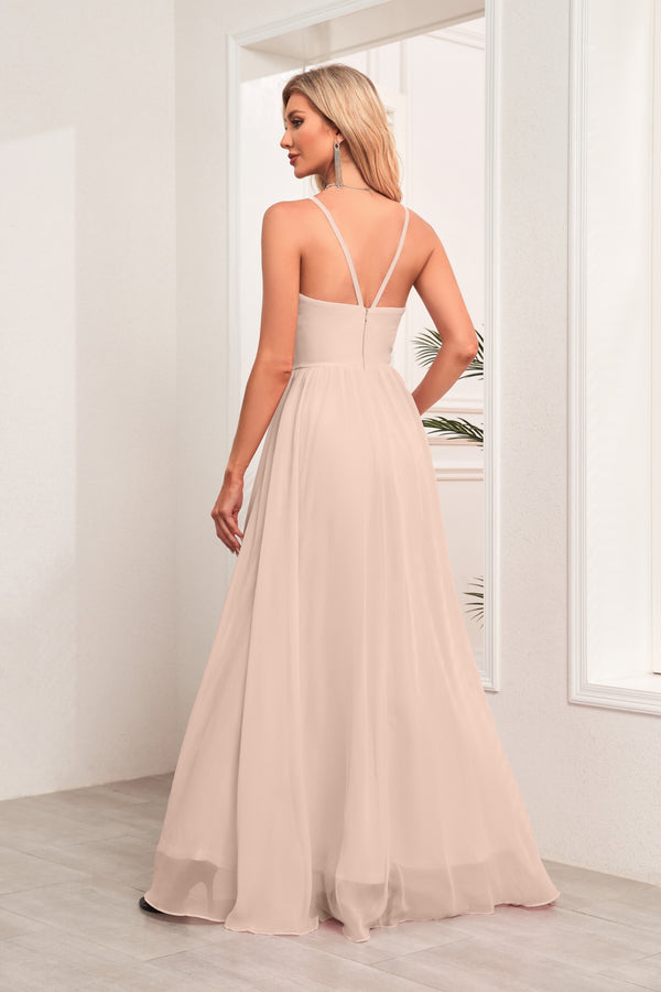 A-line Halter Floor-Length Chiffon Bridesmaid Dress
