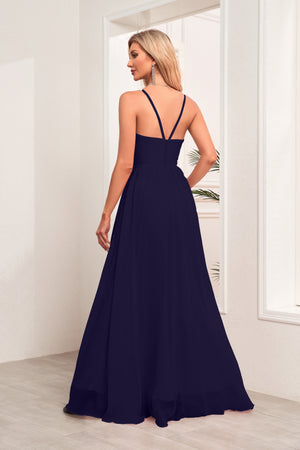A-line Halter Floor-Length Chiffon Bridesmaid Dress