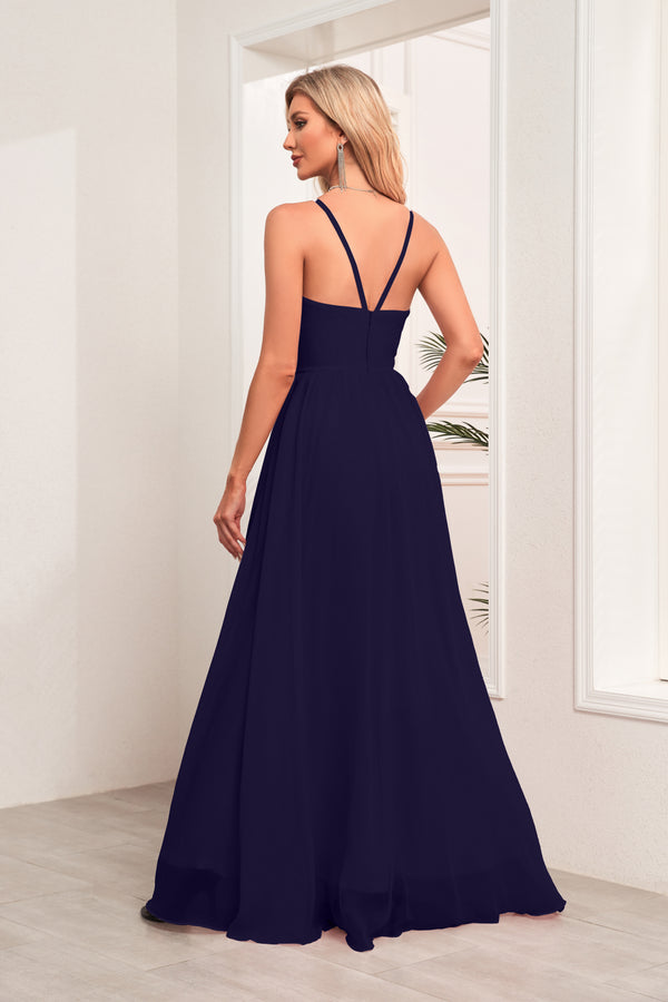 A-line Halter Floor-Length Chiffon Bridesmaid Dress