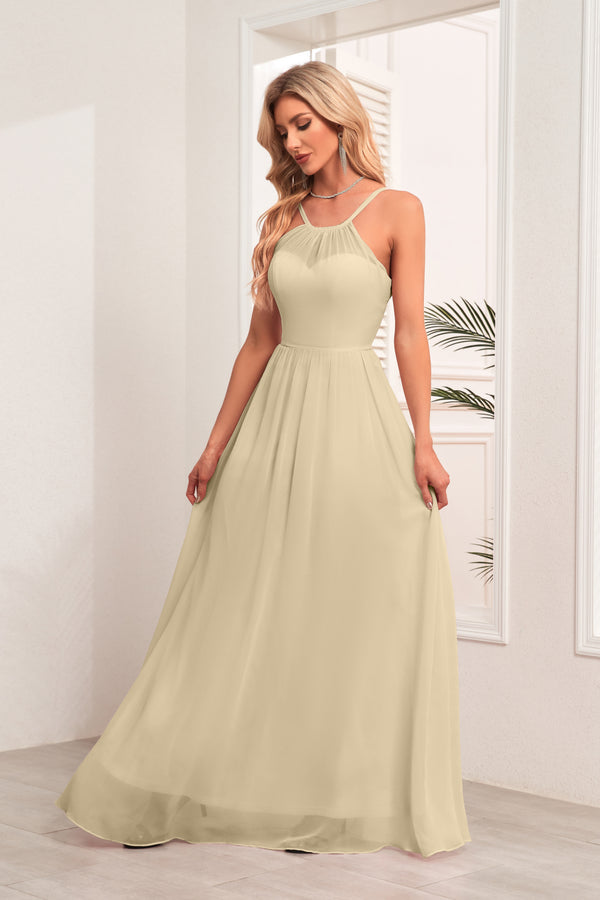 A-line Halter Floor-Length Chiffon Bridesmaid Dress