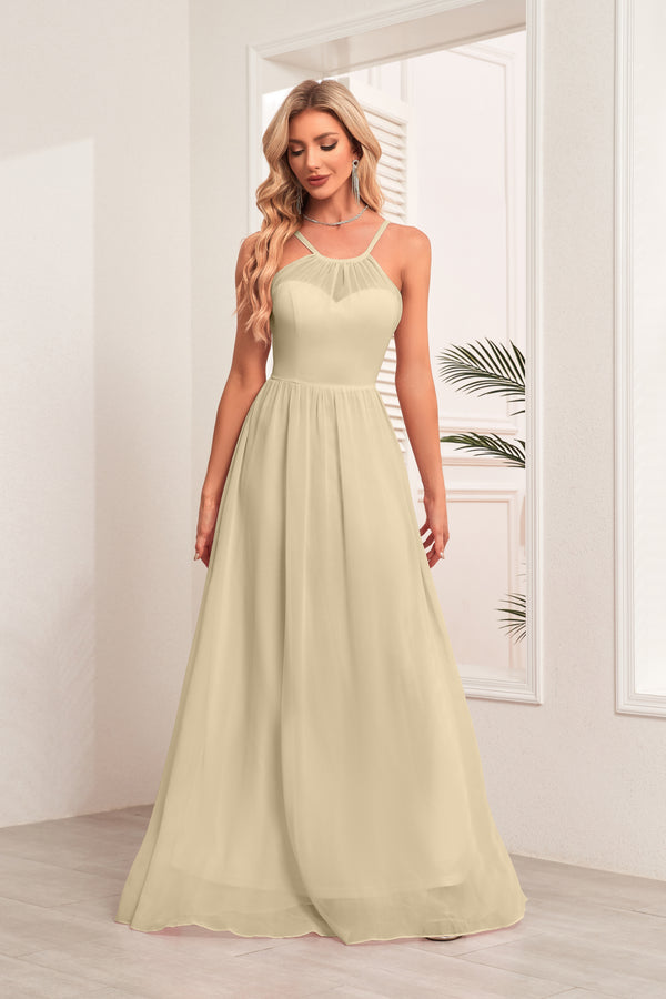 A-line Halter Floor-Length Chiffon Bridesmaid Dress