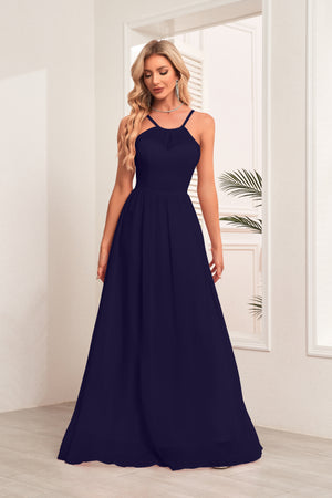 A-line Halter Floor-Length Chiffon Bridesmaid Dress