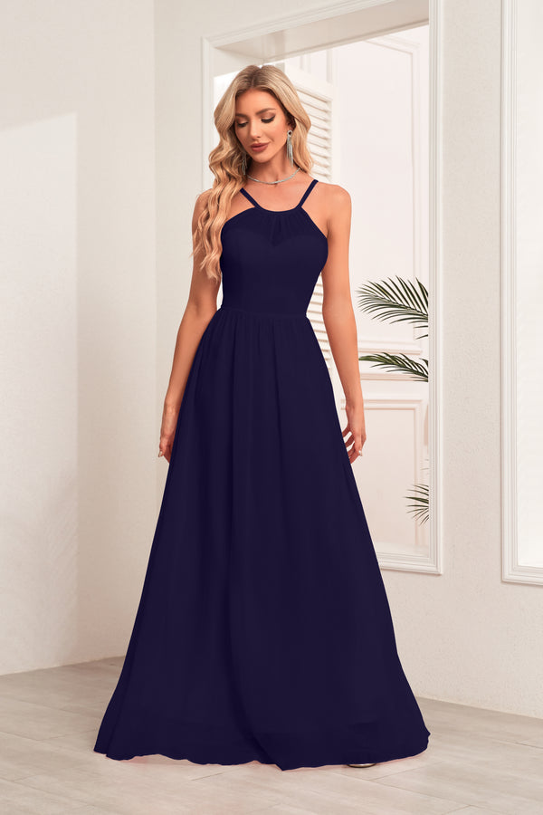 A-line Halter Floor-Length Chiffon Bridesmaid Dress