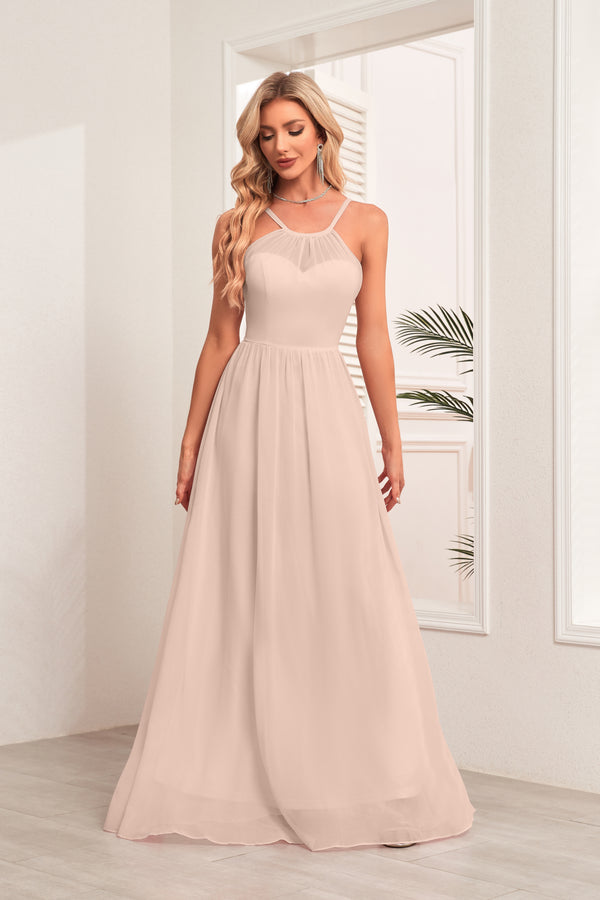 A-line Halter Floor-Length Chiffon Bridesmaid Dress