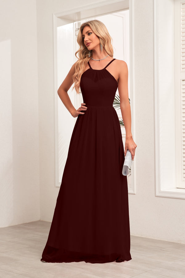 A-line Halter Floor-Length Chiffon Bridesmaid Dress