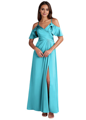 A-line Cold Shoulder Floor-Length Satin Bridesmaid Dress With Ruffle