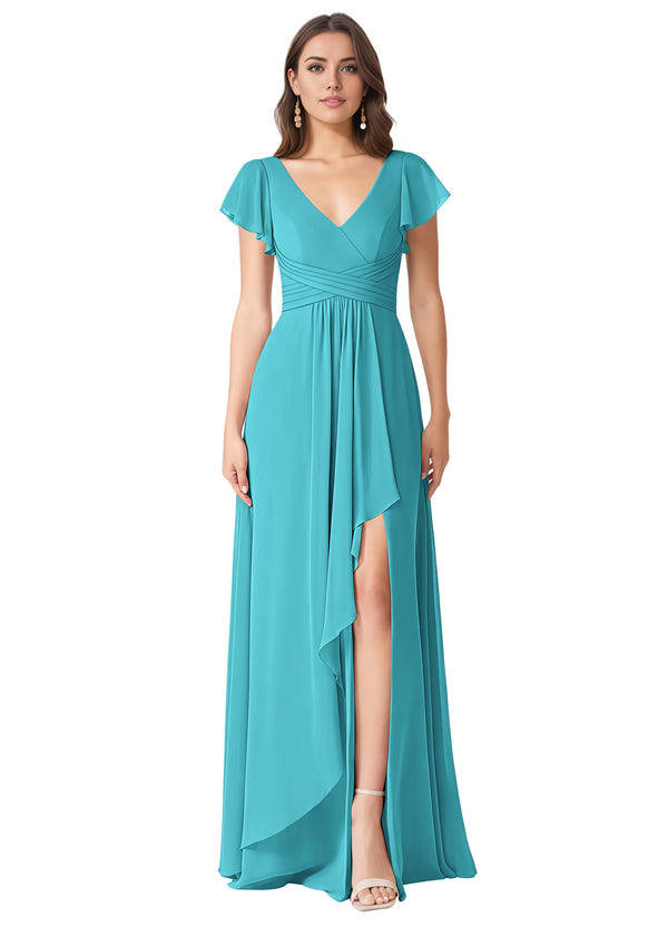A-line V-Neck Floor-Length Chiffon Bridesmaid Dress With Ruffle
