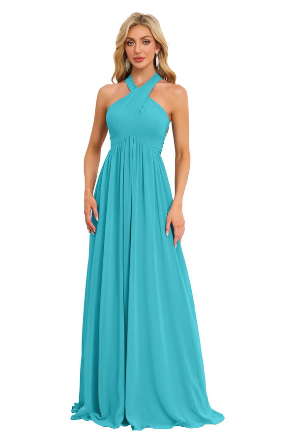 A-line Halter Floor-Length Chiffon Bridesmaid Dress With Ruffle