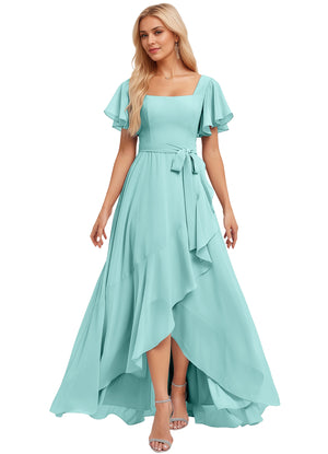 A-line Square-Neck Floor-Length Chiffon Bridesmaid Dress With Ruffle