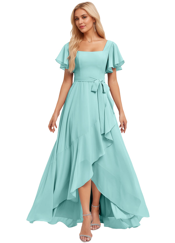 A-line Square-Neck Floor-Length Chiffon Bridesmaid Dress With Ruffle