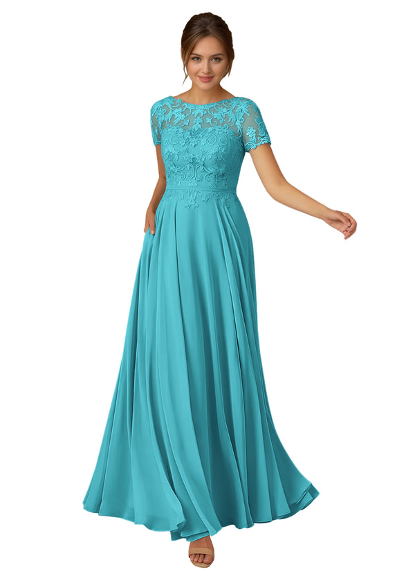 A-line Scoop Illusion Floor-Length Lace Chiffon Mother of the Bride Dress With Sequins