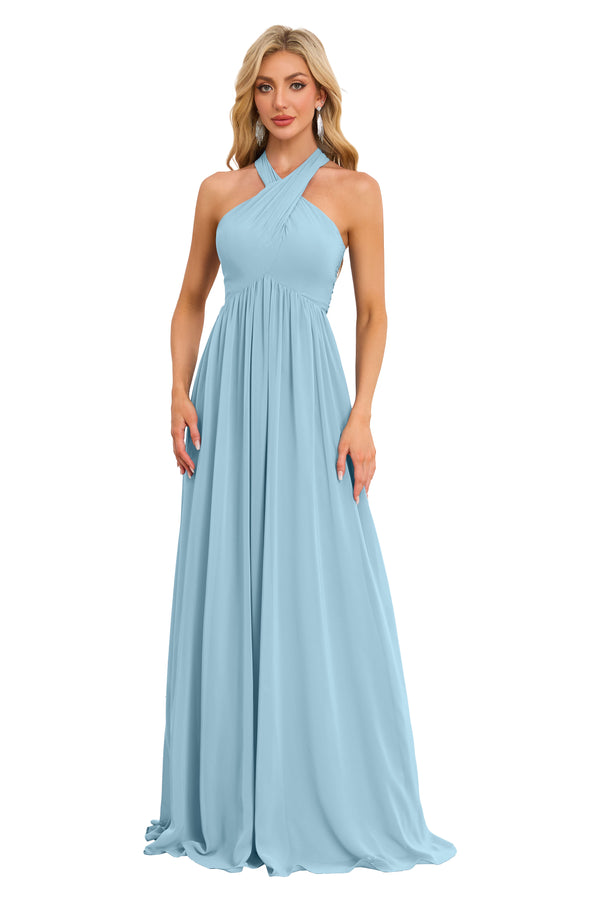 A-line Halter Floor-Length Chiffon Bridesmaid Dress With Ruffle