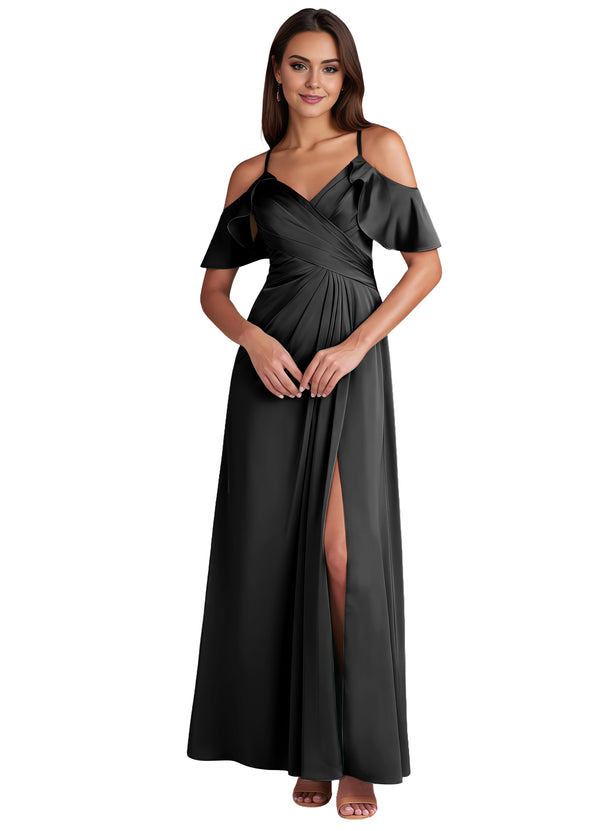 A-line Cold Shoulder Floor-Length Satin Bridesmaid Dress With Ruffle