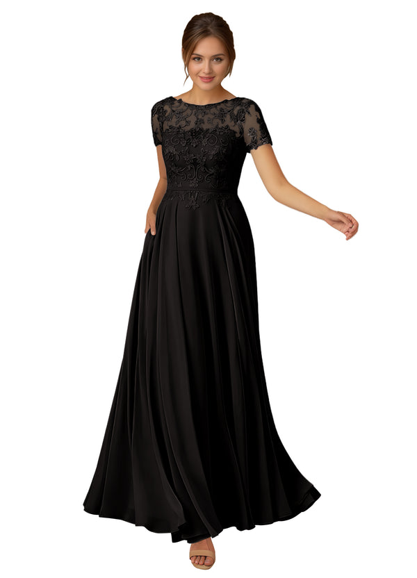 A-line Scoop Illusion Floor-Length Lace Chiffon Mother of the Bride Dress With Sequins
