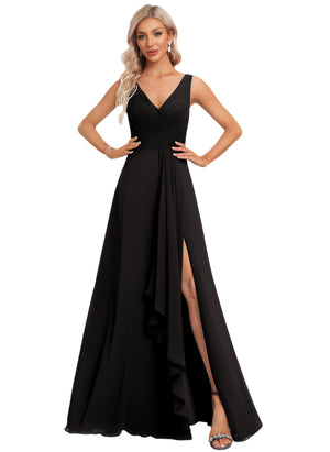 A-line V-Neck Floor-Length Chiffon Bridesmaid Dress with Ruffle