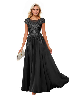 A-line Scoop Illusion Floor-Length Lace Chiffon Mother of the Bride Dress With Sequins