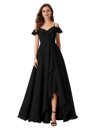 A-line Cold Shoulder Floor-Length Chiffon Bridesmaid Dress With Ruffle