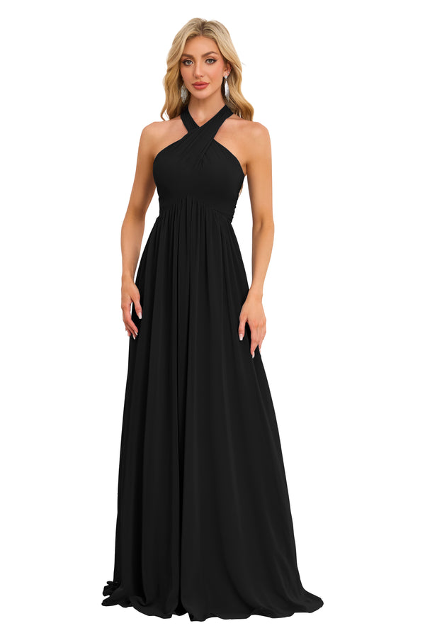 A-line Halter Floor-Length Chiffon Bridesmaid Dress With Ruffle