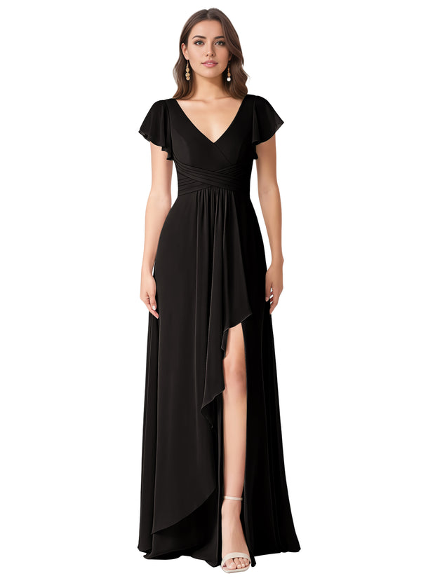 A-line V-Neck Floor-Length Chiffon Bridesmaid Dress With Ruffle