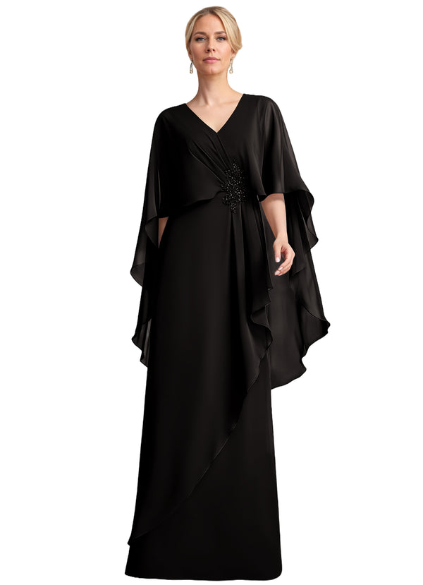 A-line V-Neck Floor-Length Chiffon Mother of the Bride Dress With Cascading Ruffles Beading