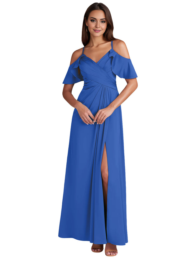 A-line Cold Shoulder Floor-Length Satin Bridesmaid Dress With Ruffle