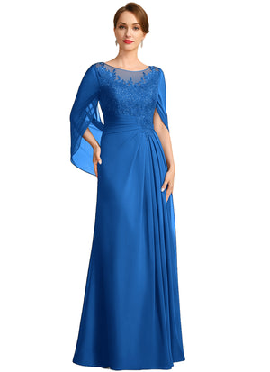 A-line Scoop Illusion Floor-Length Lace Chiffon Mother of the Bride Dress With Sequins Pleated