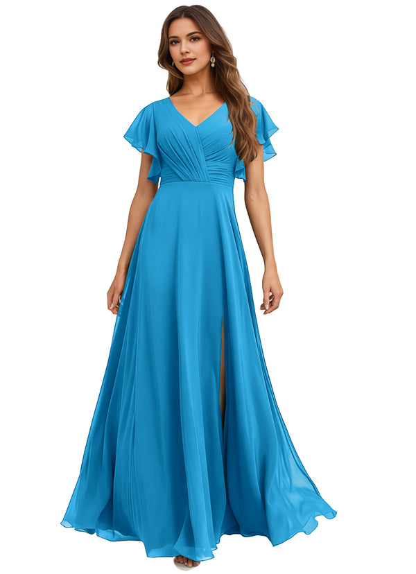 A-line V-Neck Floor-Length Chiffon Bridesmaid Dress With Ruffle