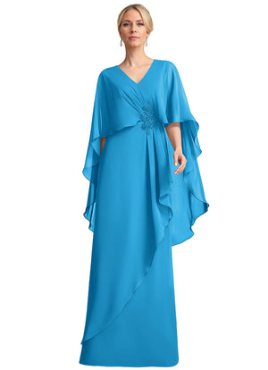 A-line V-Neck Floor-Length Chiffon Mother of the Bride Dress With Cascading Ruffles Beading