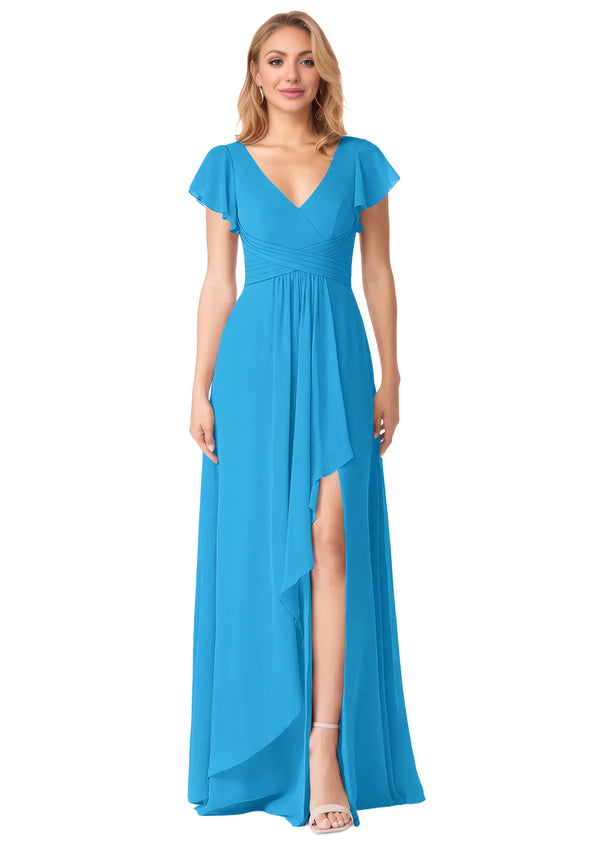 A-line V-Neck Floor-Length Chiffon Bridesmaid Dress With Ruffle