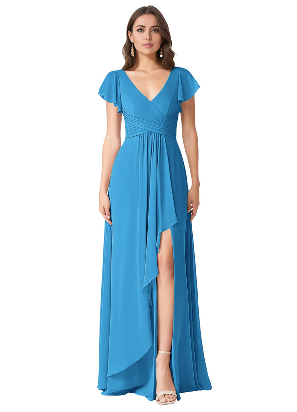 A-line V-Neck Floor-Length Chiffon Bridesmaid Dress With Ruffle