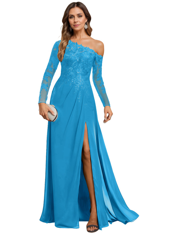 Trumpet/Mermaid Asymmetrical Illusion Floor-Length Lace Chiffon Evening Dress With Sequins