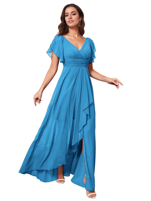 A-line V-Neck Floor-Length Chiffon Bridesmaid Dress With Ruffle
