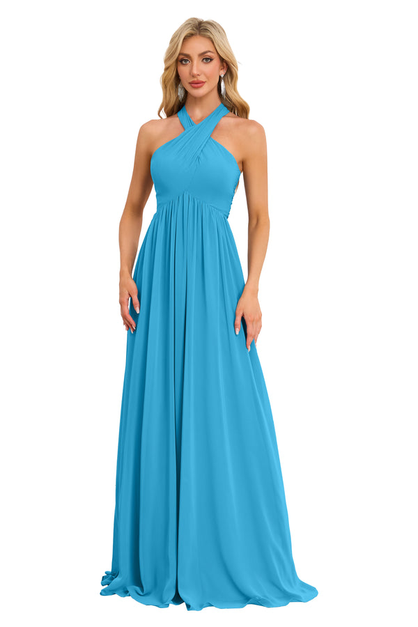 A-line Halter Floor-Length Chiffon Bridesmaid Dress With Ruffle