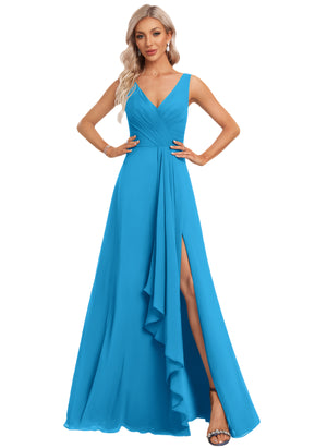 A-line V-Neck Floor-Length Chiffon Bridesmaid Dress with Ruffle