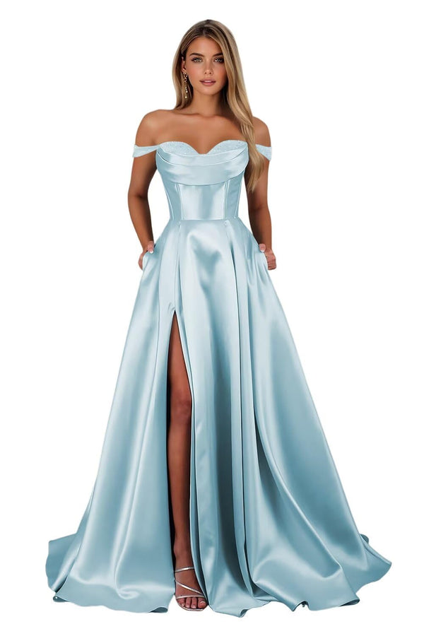 A-line Off the Shoulder Floor-Length Satin Prom Dresses