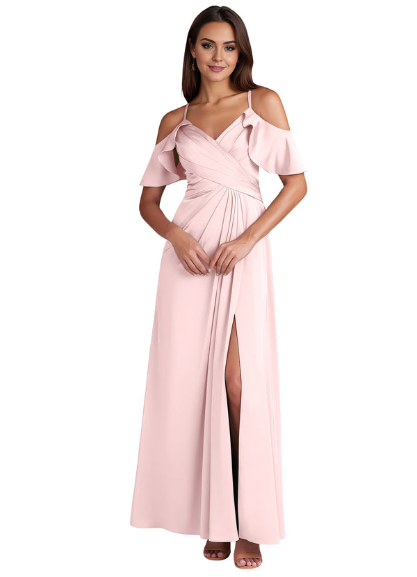 A-line Cold Shoulder Floor-Length Satin Bridesmaid Dress With Ruffle