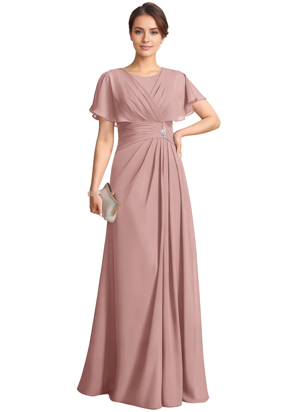 A-line Scoop Floor-Length Chiffon Mother of the Bride Dress With Pleated Beading