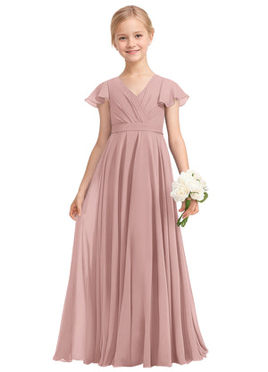 A-line V-Neck Floor-Length Chiffon Junior Bridesmaid Dress