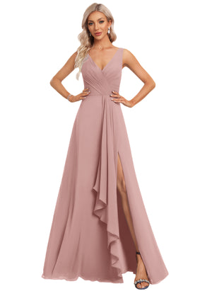 A-line V-Neck Floor-Length Chiffon Bridesmaid Dress with Ruffle
