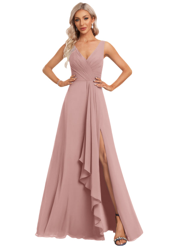 A-line V-Neck Floor-Length Chiffon Bridesmaid Dress with Ruffle