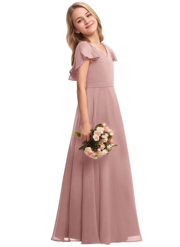A-line V-Neck Floor-Length Chiffon Junior Bridesmaid Dress