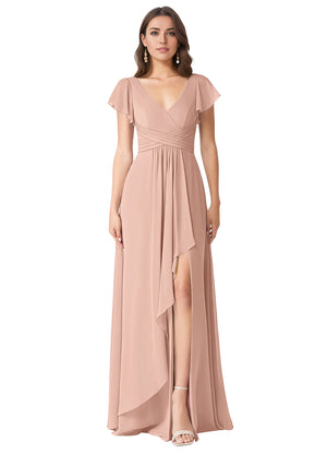 A-line V-Neck Floor-Length Chiffon Bridesmaid Dress With Ruffle