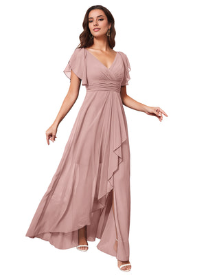 A-line V-Neck Floor-Length Chiffon Bridesmaid Dress With Ruffle